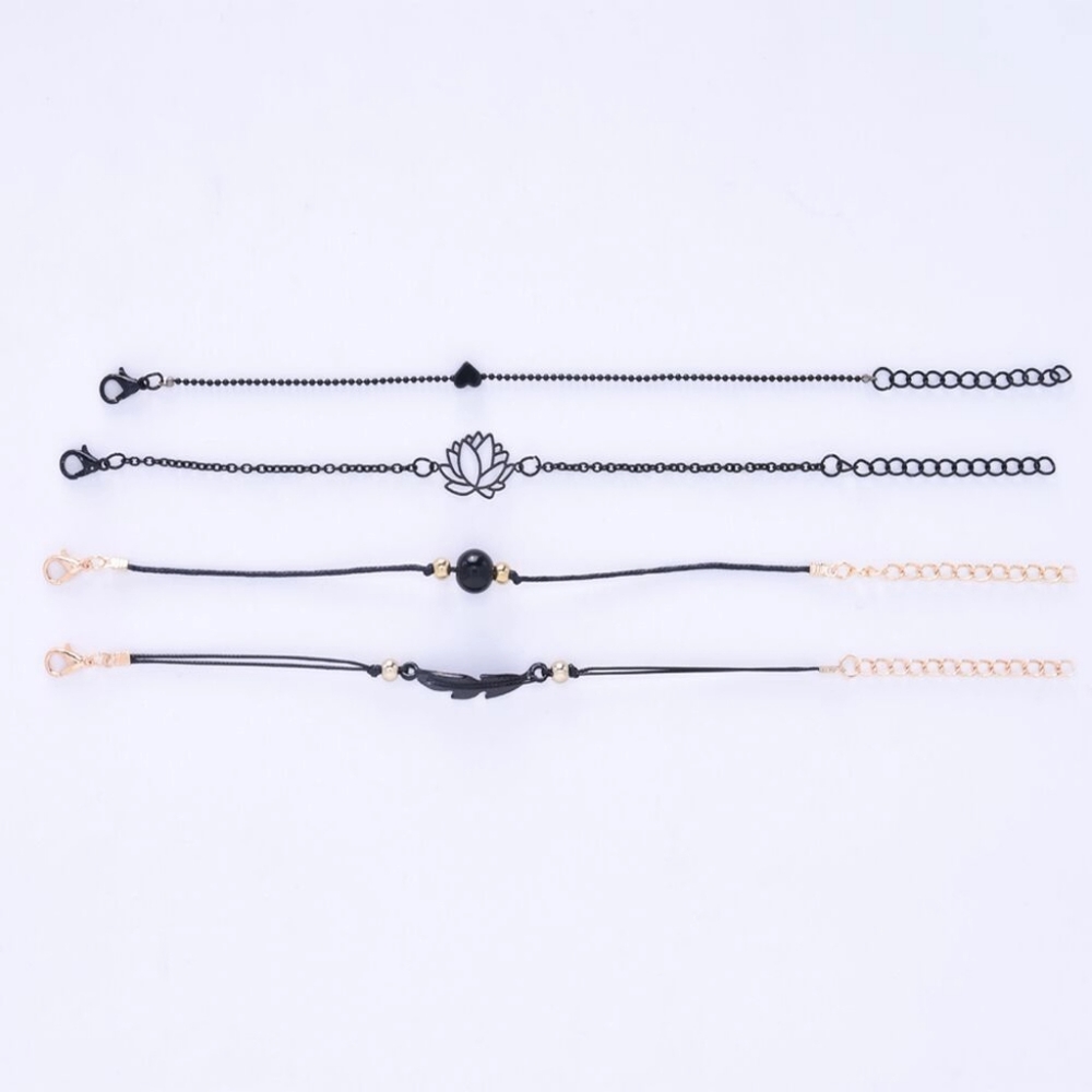 NEW 4 pc Black Boho Lotus Adjustable Bracelet Set - Picture 13 of 16